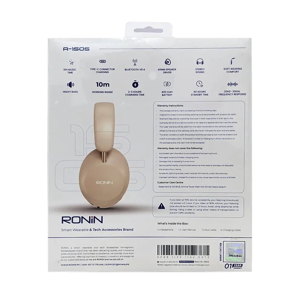Ronin R-1505 Wireless Headphones – Over-Ear Bluetooth 5.0 Headset with FM, SD Card & Long Battery